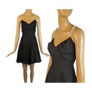 Climax Vintage‎ 90s Black XS/S chiffon A-line minidress pearl straps party dress
